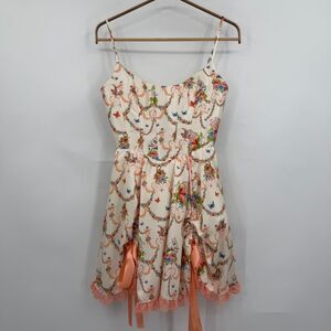 Sugar Thrillz Kitty Floral Corset Mini Dress Lace Trim Satin Bow XS Cottagecore